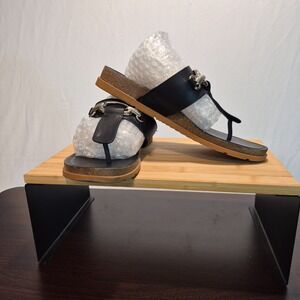 Franco Sarto BRIELLE Black Leather Low Wedge Thong Sandals Size 11 M Boho Summer